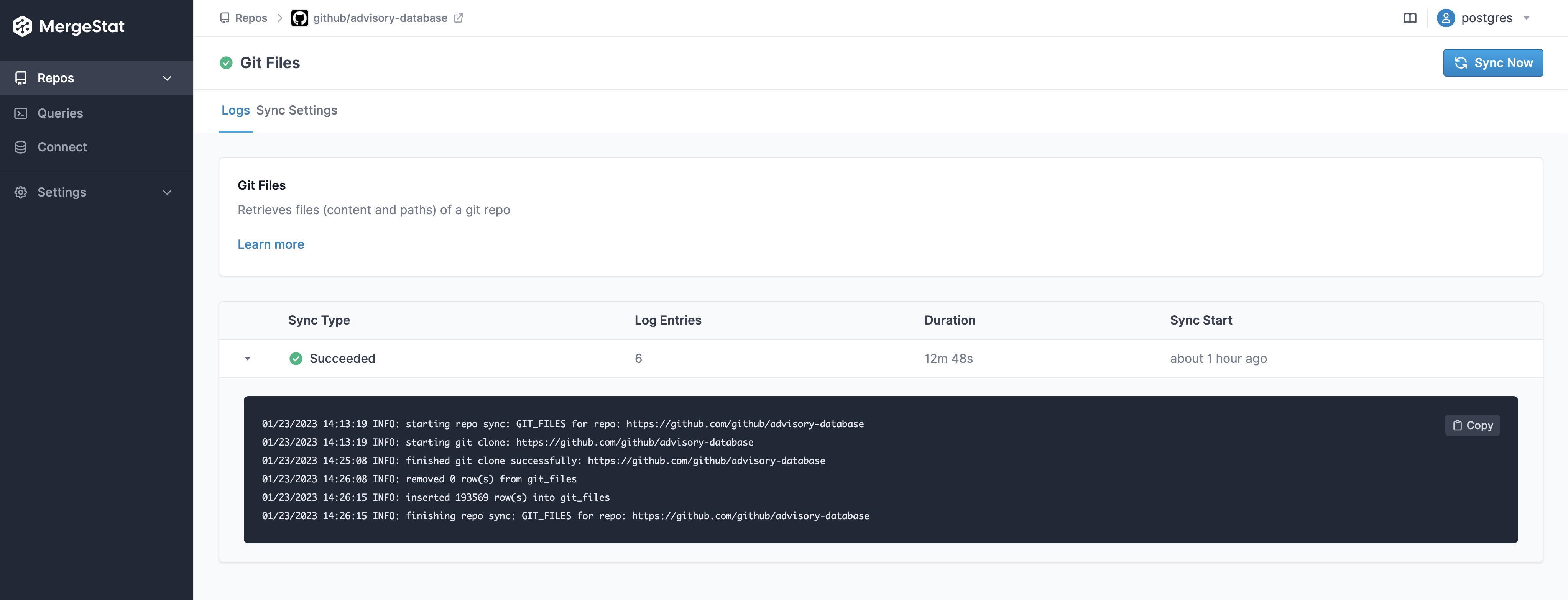 Screenshot of the MergeStat app having synced the file contents of the GitHub Advisory Database repo